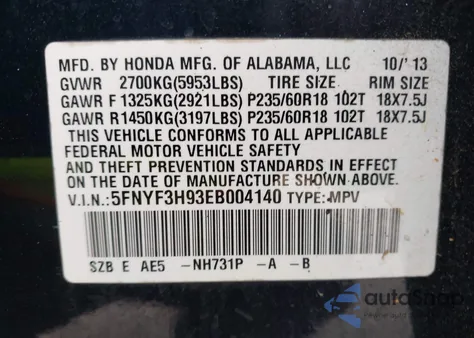 2014 Honda Pilot Touring из США, поврежденный, VIN 5FNYF3H93EB004140